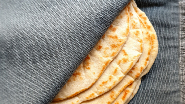 immagine di piadina cotta ripiegata su una tovaglia grigia